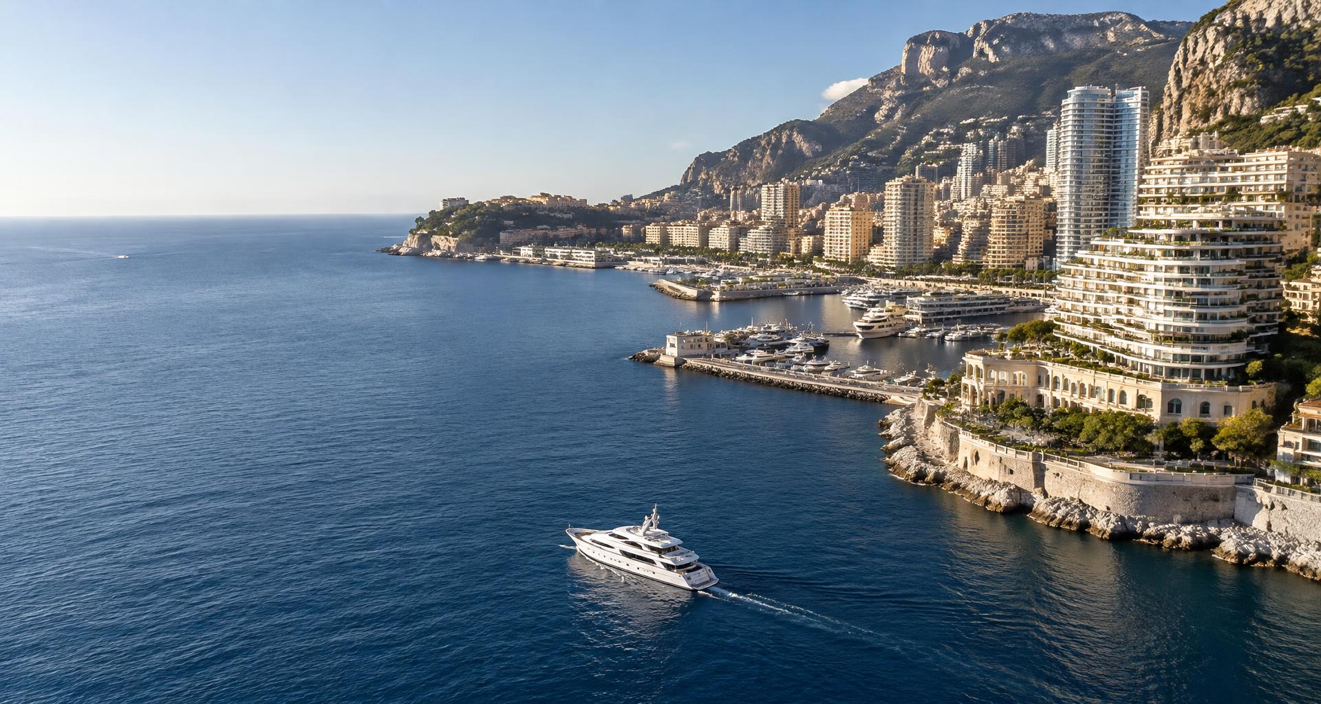 Sunlit Mediterranean coast and yacht overlooking the Monaco marina